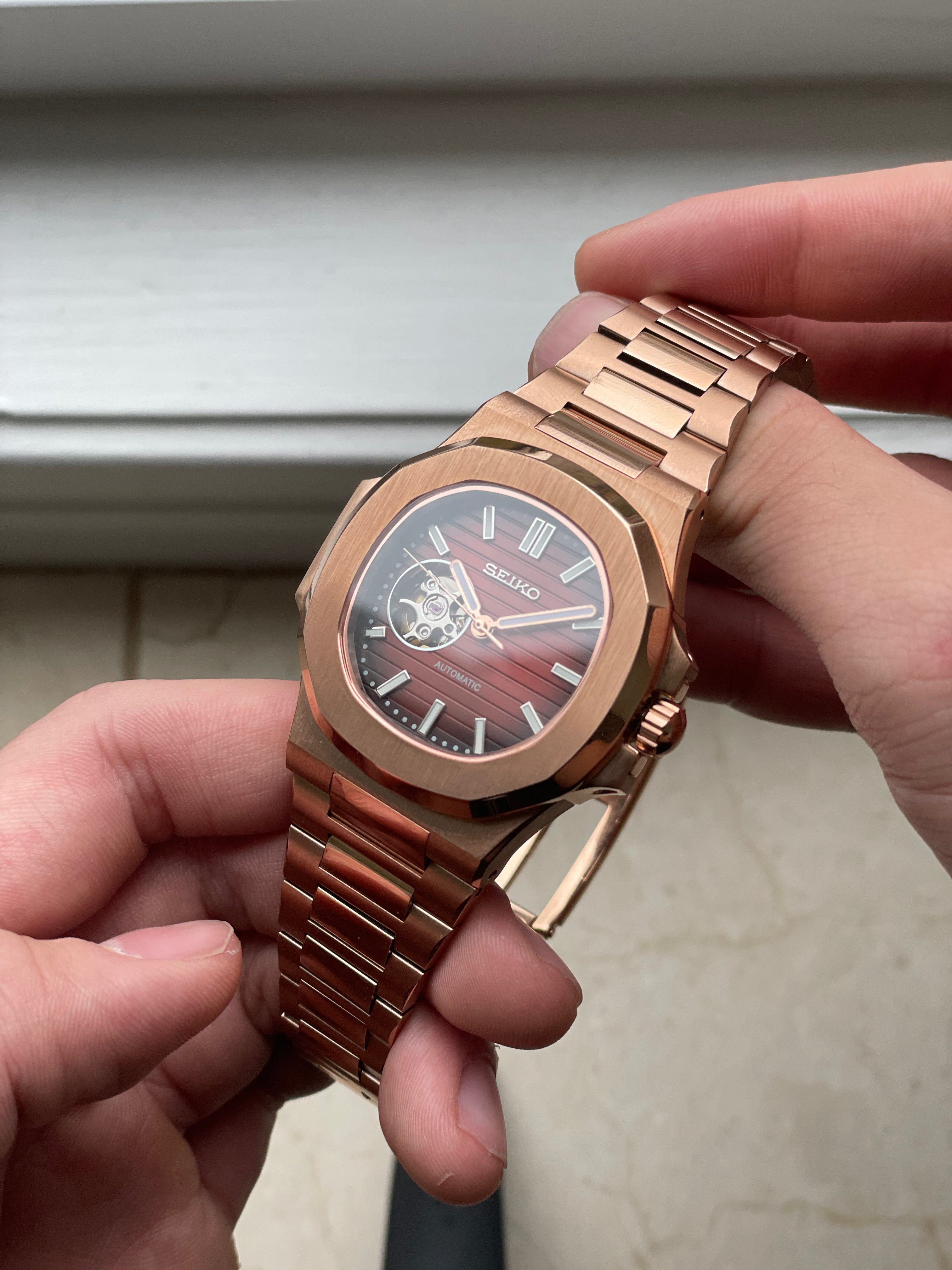 Openheart Rose Gold Nautilus Seiko mod