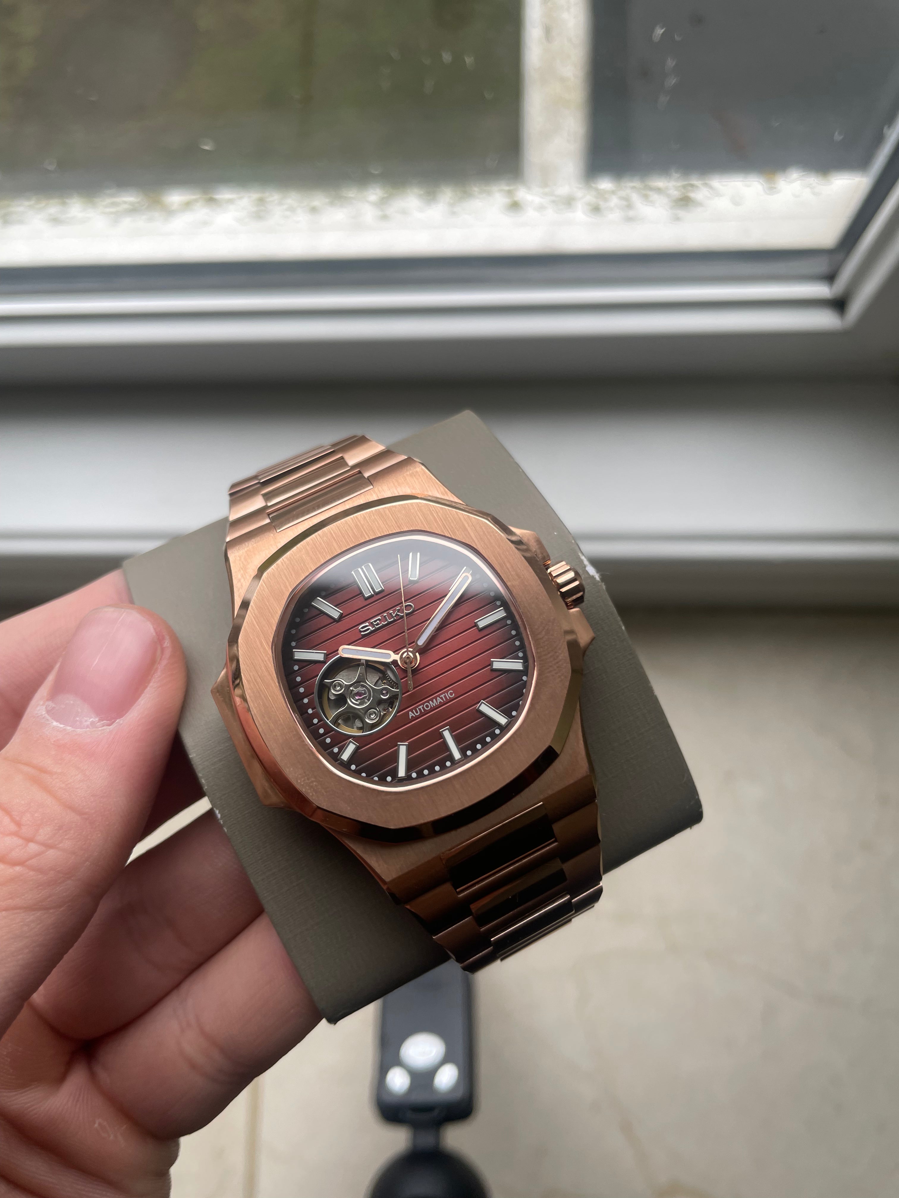 Openheart Rose Gold Nautilus Seiko mod