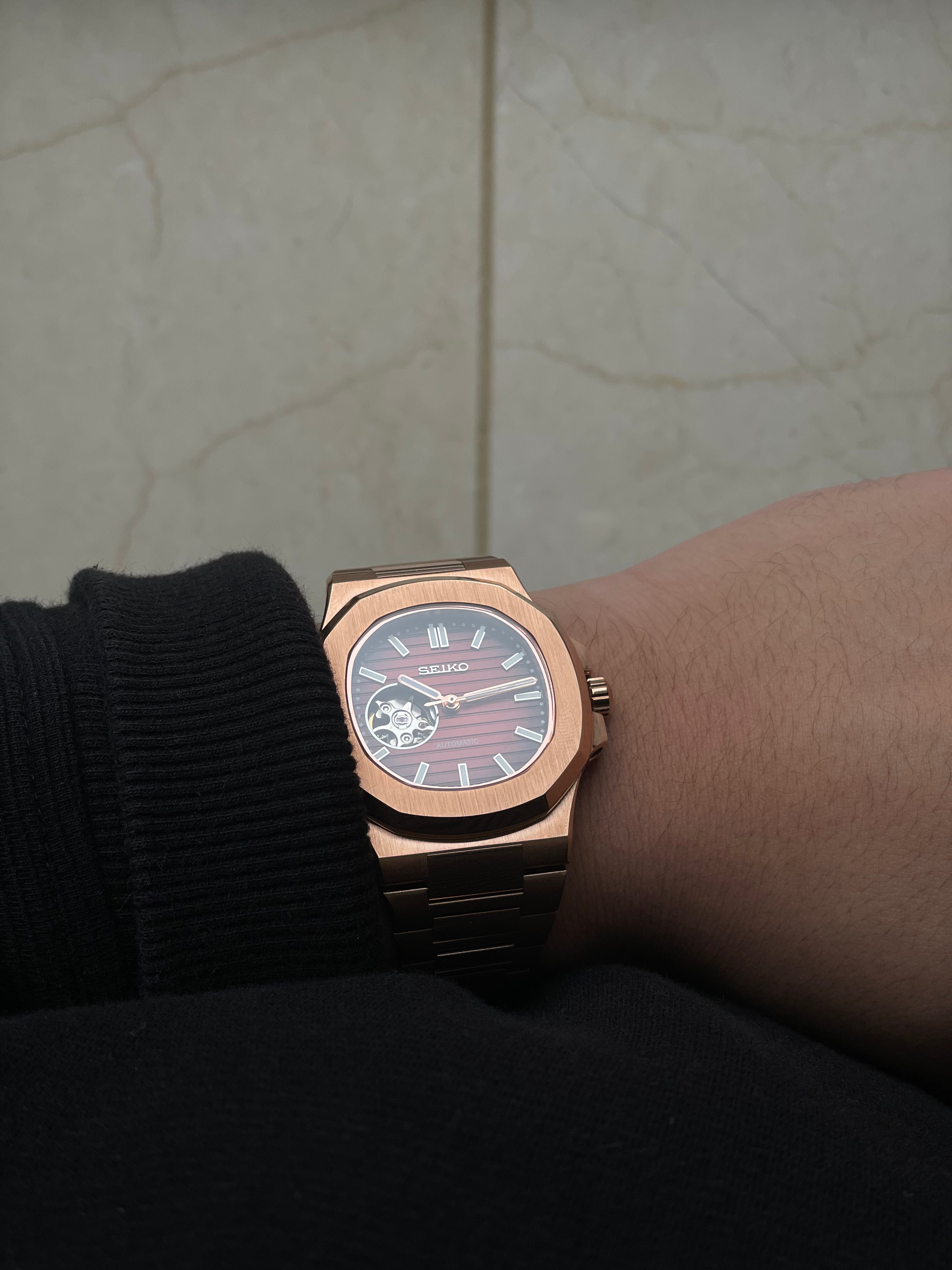 Openheart Rose Gold Nautilus Seiko mod